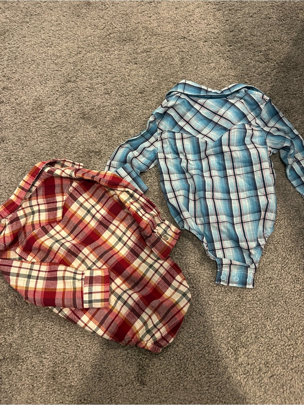 Wrangler Kids Plaid Button-Down Onesies in Blue and Red
